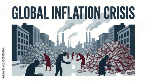Foto Illustration of people struggling with piles of money in a cityscape with industrial smokestacks, conveying a sense of economic crisis and financial burden