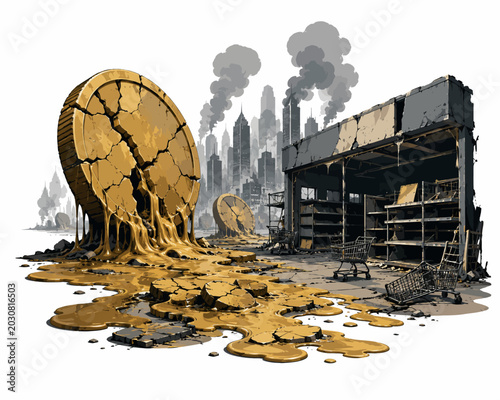Foto Illustration of a cracked gold coin melting and spilling onto the ground in front of a dilapidated building with a cityscape and smokestacks in the background