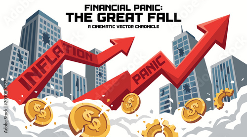 Bild auf Leinwand A graphic illustration depicting financial panic with falling graphs and coins against a cityscape background with inflation and panic arrows