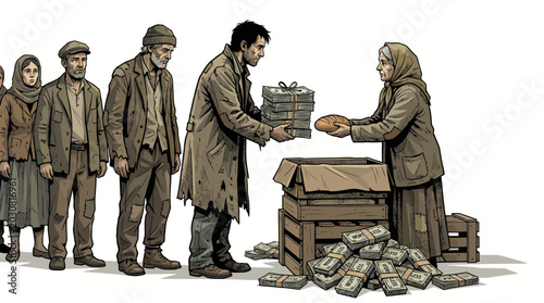 Photos Illustration of a woman handing food to a man in a line of people waiting for aid with a pile of goods on a wooden crate in a somber mood