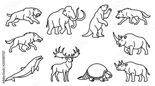 Bild auf Leinwand Prehistoric ice age animals collection, 10 extinct megafauna line art icons, woo