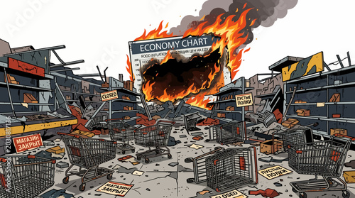 A chaotic scene of a burning shopping district with destroyed storefronts and debris scattered everywhere in a cartoonish illustration style with a dominant red and orange color palette