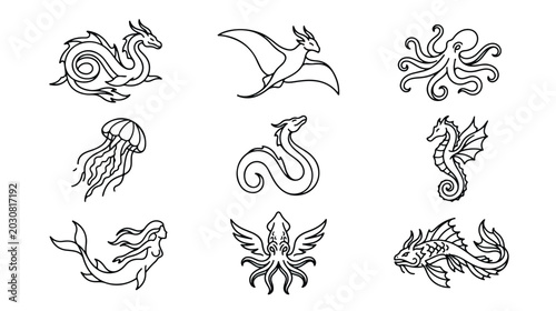 Quadro em tela Mythical sea creatures line art collection, set of 9 fantasy ocean monster icons