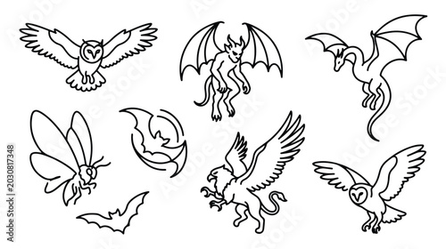 Photos Mythical creatures and flying animals line art set, 8 fantasy monsters and birds