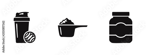 Obraz na płótnie Fitness supplement, protein powder, and shaker bottle vector icons set