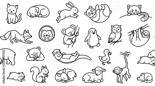 Canvas Print Cute animal line art icons set, minimalist black and white wildlife doodles, 20