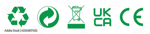 Foto Environmental Compliance and Recycling Packaging Symbols Set Featuring Mobius Loop, Green Dot, WEEE Bin, UKCA and CE Mark Icons for Product Labels and Regulatory Design