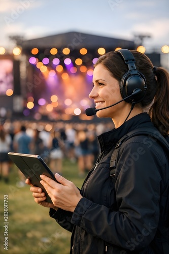Female event coordinator managing outdoor music festival with tablet, woman stage producer with headset working at concert, live entertainment industry commercial