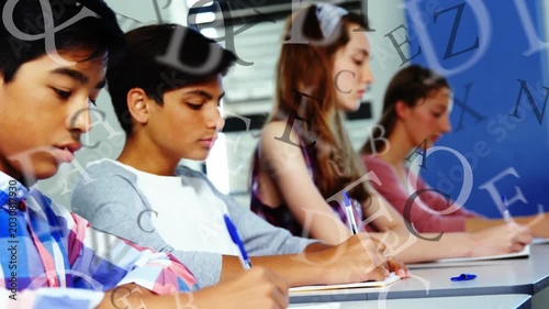 Students starting exam, writing with blue pens while letters floating around as camera zooming left