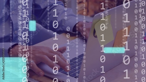 Man typing at desk, starting live binary overlays and cyan panels covering keys for tech analysis