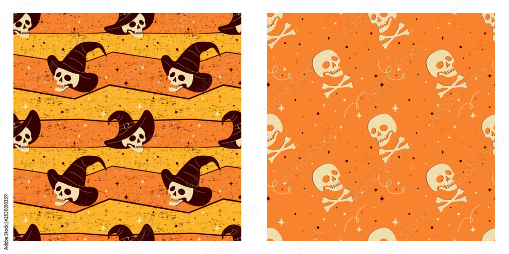 Fototapeta premium Halloween Skull Vector Seamless Patterns