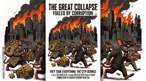 Foto A graphic illustration depicting a corrupt businessman amidst a cityscape in flames with a bold and ominous tone