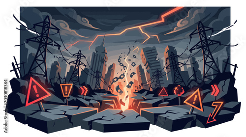 Foto Illustration of a post-apocalyptic landscape with warning signs, power lines, and destruction, set against a dark and stormy sky with lightning