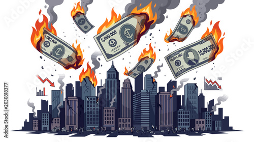 Foto Illustration of a city skyline with burning dollar bills falling from the sky, conveying a sense of financial crisis or economic downturn in a cartoonish style