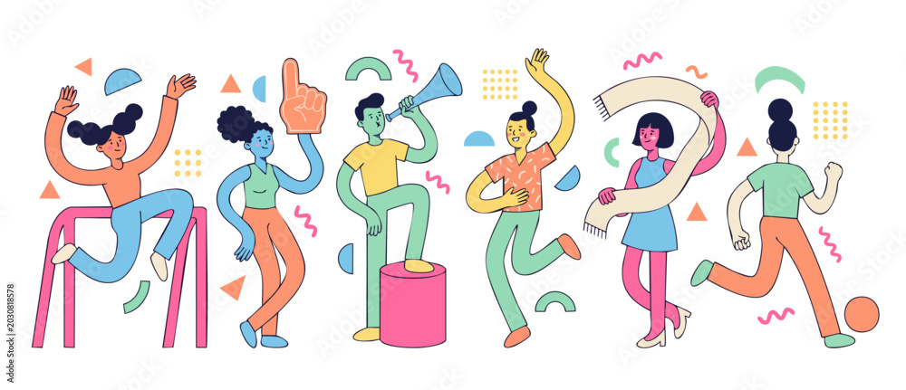 Fototapeta premium Diverse Group People Celebrating Achievement, Vector Illustration of Happy Friends Having Fun with Confetti and Party Elements for Corporate Team Building, Celebration, Success and Unity Concept Desig