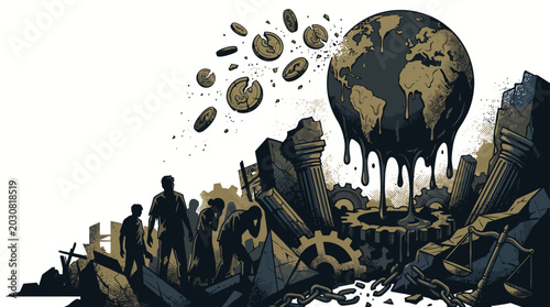 Fotografía Illustration of a post-apocalyptic scene with a melting Earth globe amidst ruins and debris, conveying a dramatic and desolate mood