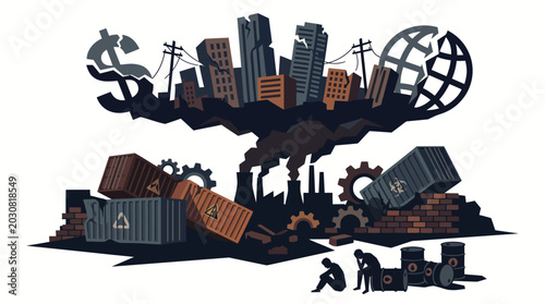 Photos A dark illustration of industrial pollution with a cityscape and globe above a pile of trash and machinery against a white background