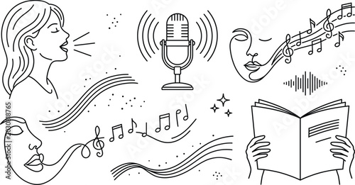 Fotografía Abstract voice and music line art vector icon set with microphone book and singi