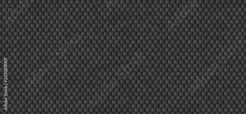 Hexagonal honeycomb grid 3d dark carbon black surface pattern.