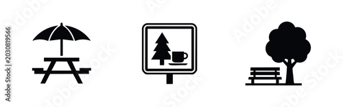 Cuadro en lienzo Park and outdoor leisure icons: picnic table, rest area, and bench with tree