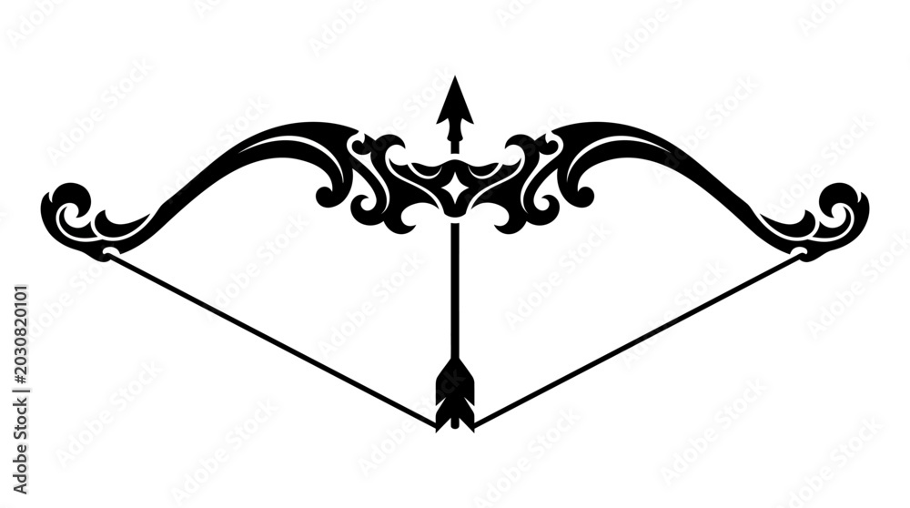 Fototapeta premium Ornate Black Silhouette of a Bow and Arrow.