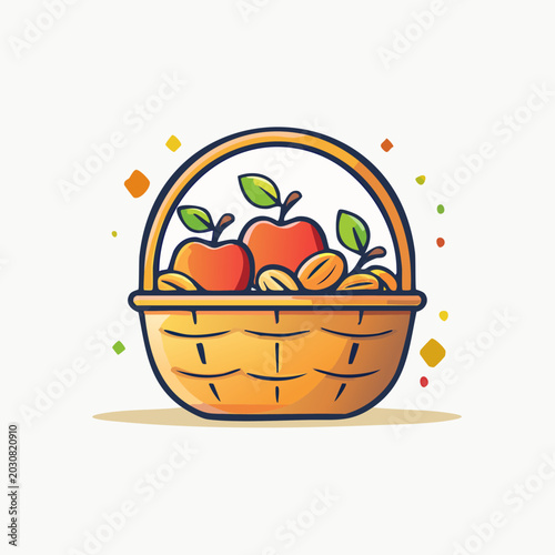 Basket of Apples and Nuts Cartoon Illustration.