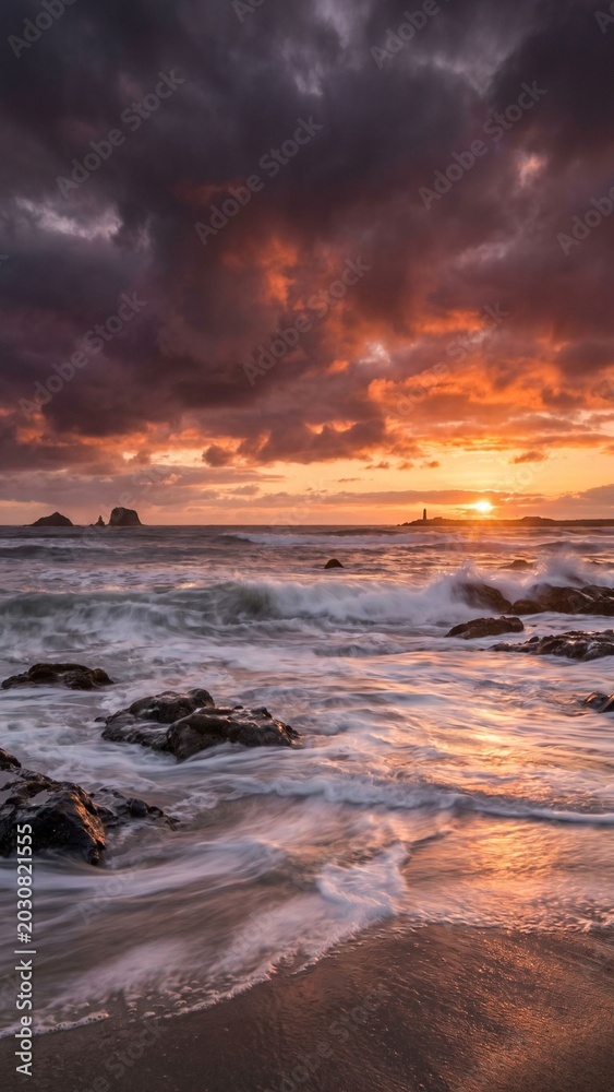 Obraz premium Dramatic Ocean Sunset with Crashing Waves Rocky Beach and Stormy Sky Landscape Wallpaper