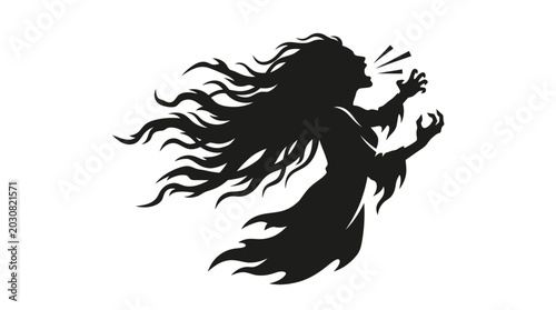 Silhouette of a Screaming Woman with Flowing Hair and Raised Arms.