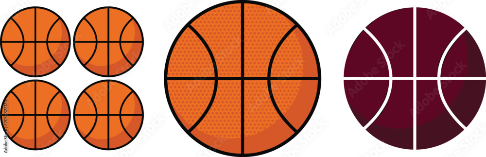Obraz premium Minimal Basketball Icon Collection with Flat Sports Ball Designs, Modern Athletic Symbols, and Clean Geometric Vector Illustrations