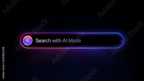 Neon AI Search Bar Interface On Dark Futuristic Technology Background. Search with AI Mode Neon Glowing Web Interface Bar on Black Background