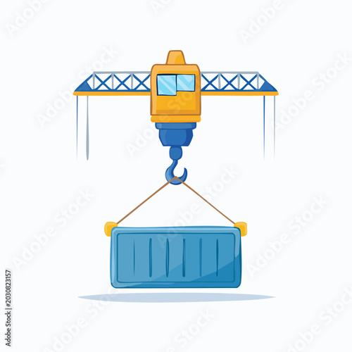 Cartoon Crane Lifting a Blue Cargo Container.