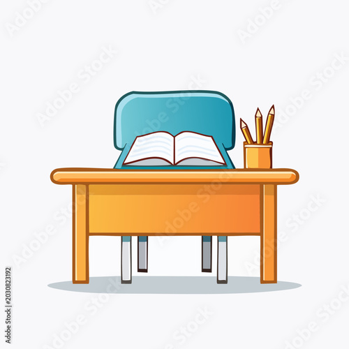 Cartoon Desk With Open Book And Pencils.