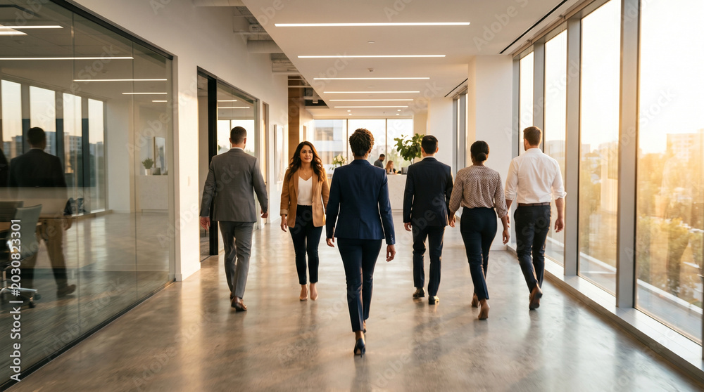 Fototapeta premium Female Leader Walking with Diverse Business Team in Modern Office