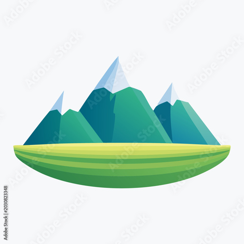 Cartoon Mountains Landscape with Snow-Capped Peaks and Green Field.