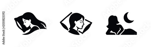 Schilderij op canvas Woman Sleeping and Night Rest Icons Set, Beauty and Tranquility Symbols