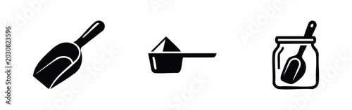 Bild auf Leinwand Scoop and measuring icons, including a kitchen scoop, measuring cup, and scoop in a jar