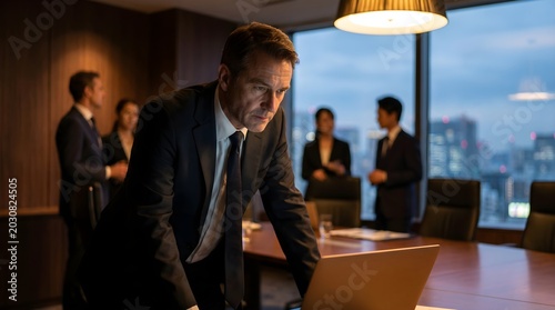 Focused Executive Working Late in Conference Room
