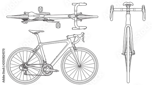Technical line drawing of a road bicycle in three views