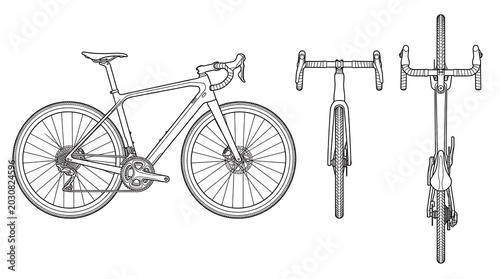 Line art illustration of a gravel bike from side, front and top views