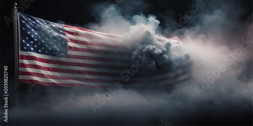 Tableau sur toile American flag with stars and stripes in a stormy cloudy sky with abstract smoke