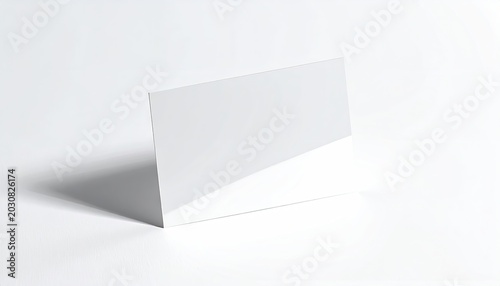 Simple, blank white card stands on a plain white surface, reflecting light cleanly