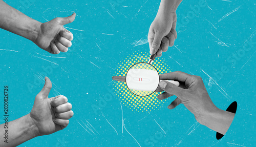 Tableau sur toile An artistic collage depicting hands raised in approval and a positive pregnancy test with two lines