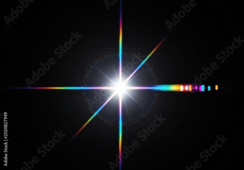 Bright Rainbow Lens Flare with Starburst Effect and Prism Light Diffraction on Black Background