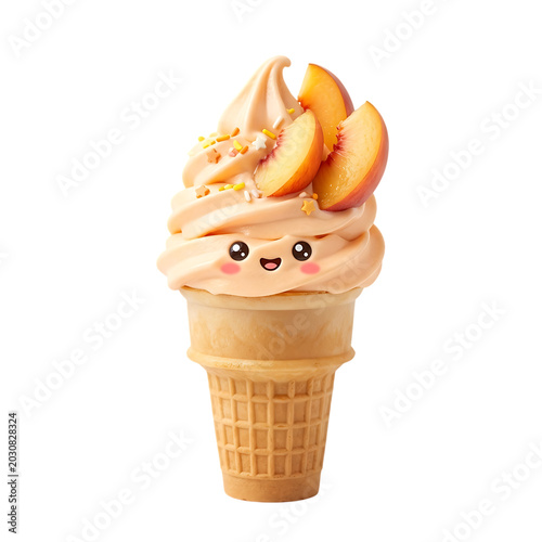 Cute Mango Ice Cream Cone Kawaii Dessert Illustration