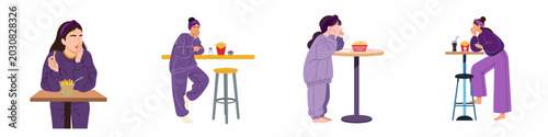 Tableau sur toile Set of flat vector illustrations of a young woman in purple loungewear eating french fries and snacks in different poses