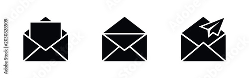 Fotografie Open envelope and sending mail icons set with a letter and paper airplane for em