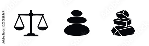 Foto Balance and stability icons set with scales, zen stones (cairn), and geometric s