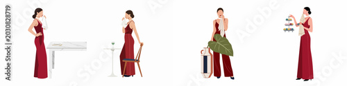 Bild auf Leinwand Set of minimalist vector illustrations featuring an elegant woman in a red gown in various sophisticated settings like fine dining and leisure