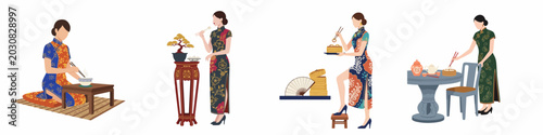 Obraz na płótnie Collection of Chinese Women in Traditional Qipao Dresses Eating Authentic Cuisin