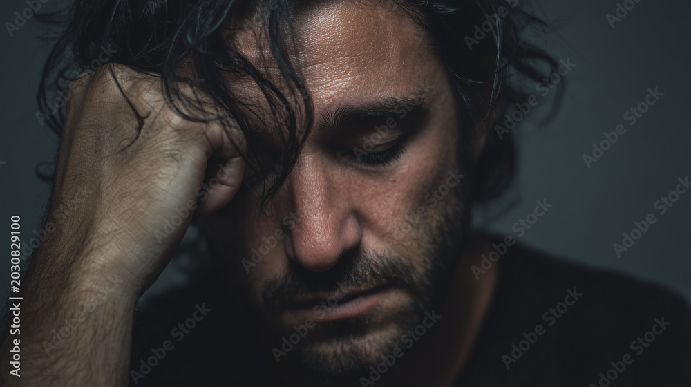 Fototapeta premium Sad man with grief expression, hand on face and emotional stress, closeup portrait on dark background